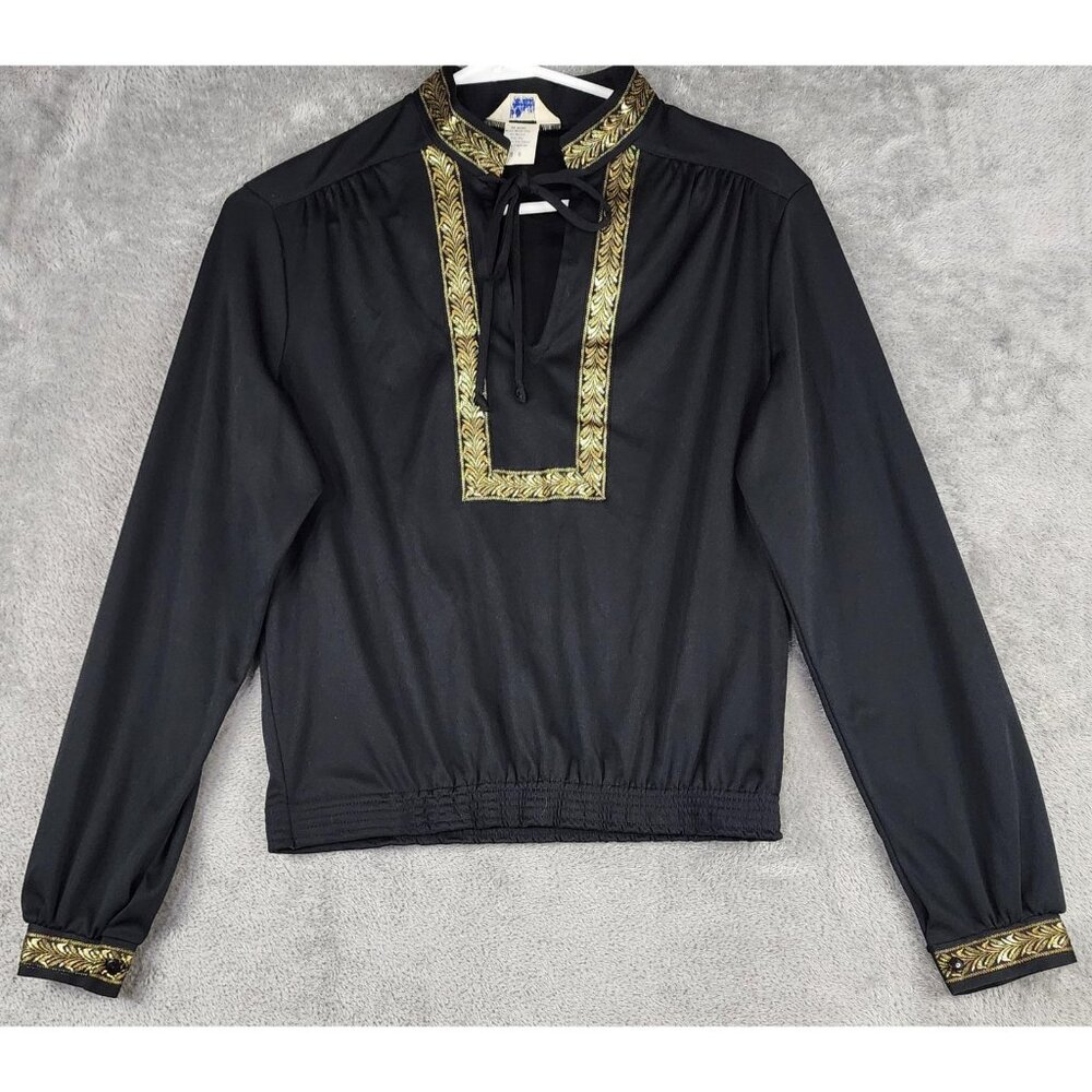 Vintage Mardi Modes Womens Size 8 Black Gold Embroidered Boho 70s Vintage Top